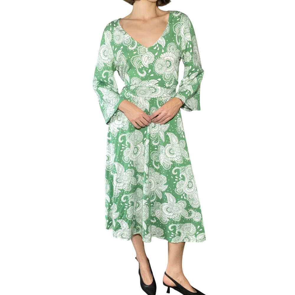 BODEN Quiet Luxury Green Paisley Trumpet Sleeve Tie Waist Midi Dress Soft Girl - Picture 14 of 14